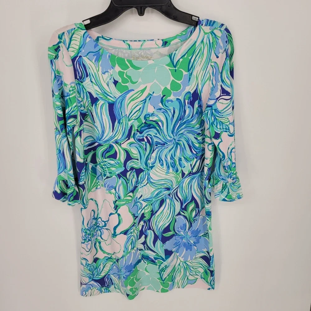 Lilly Pulitzer Shift Dress Kids XL 12-14 Floral Blue Green Ruffle Sleeve preppy